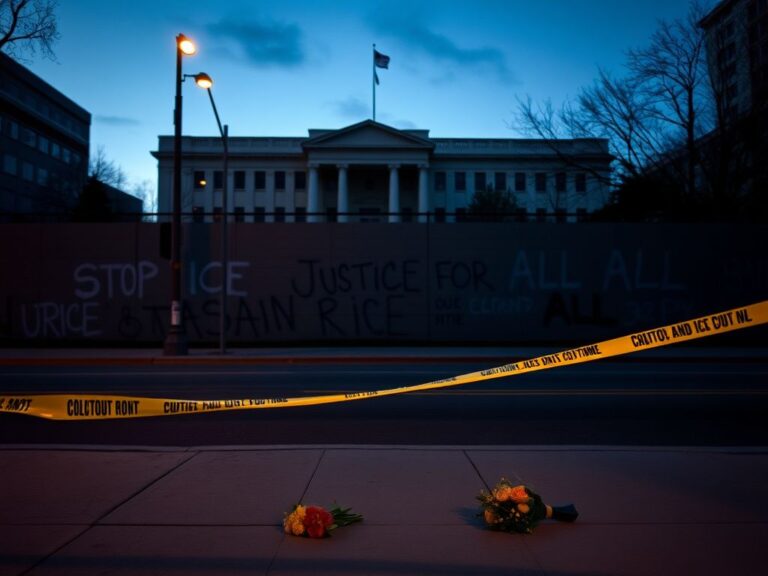 Flick International A somber urban scene at dusk with an empty street corner and a government building