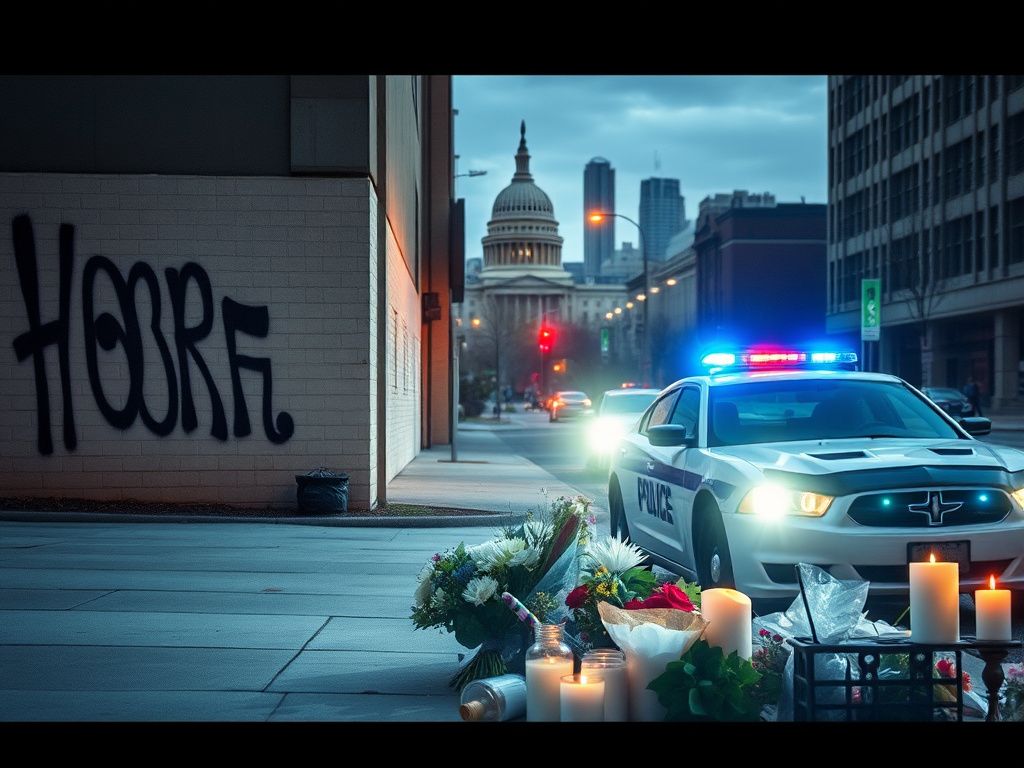 Flick International Somber urban street scene in Minneapolis with police car and memorial for fallen agents.