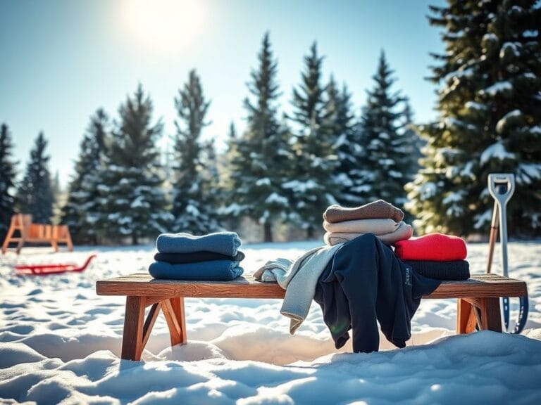 Flick International Cozy winter scene featuring colorful base layers on a wooden bench
