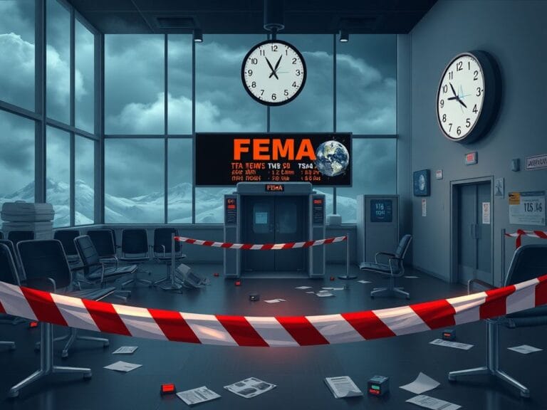Flick International Empty FEMA disaster response center with overturned chairs and scattered documents during government shutdown