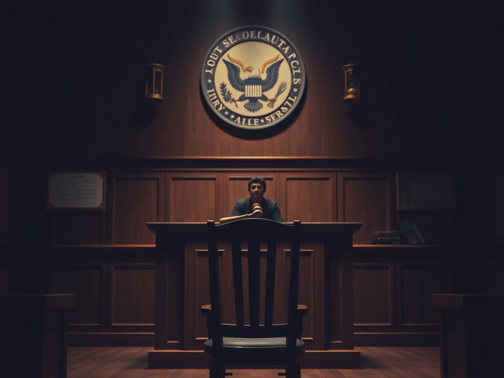 Flick International A somber courtroom interior showing a high wooden bench and gavel representing justice