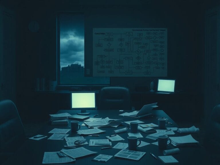 Flick International Empty government office desk with scattered papers showing neglect