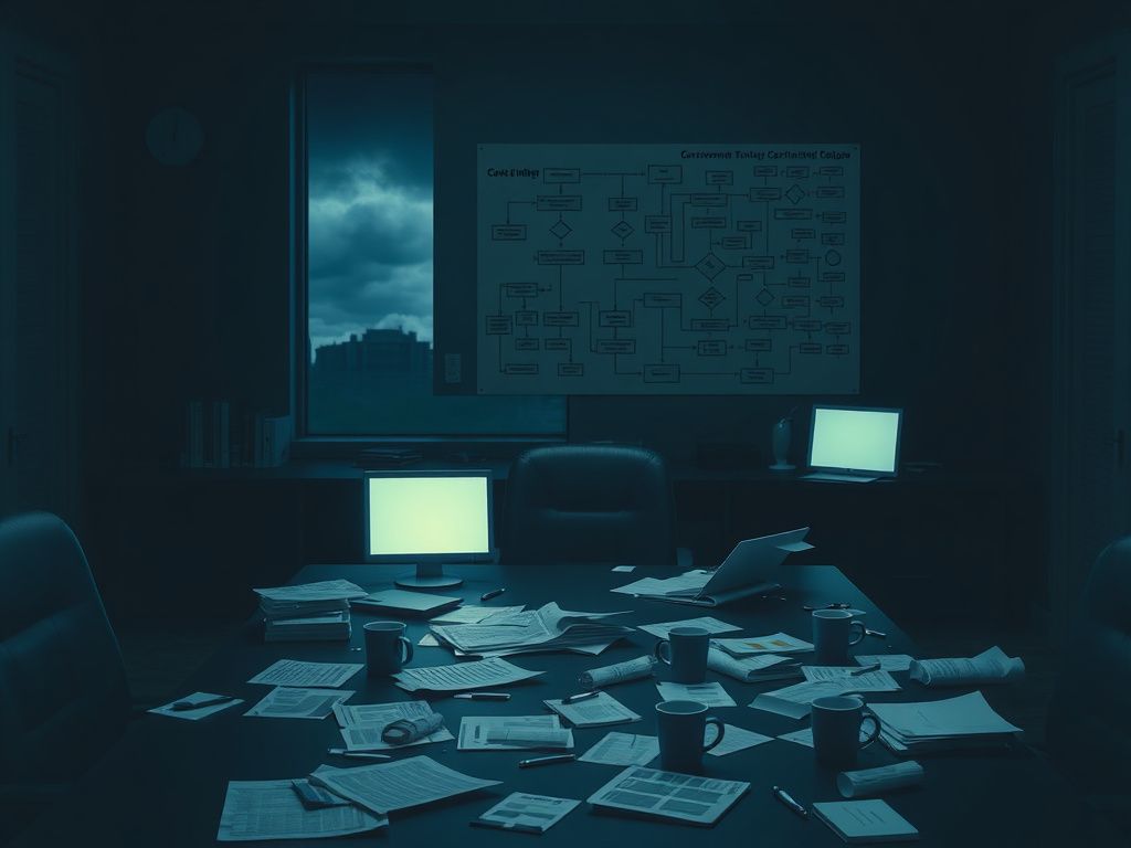 Flick International Empty government office desk with scattered papers showing neglect