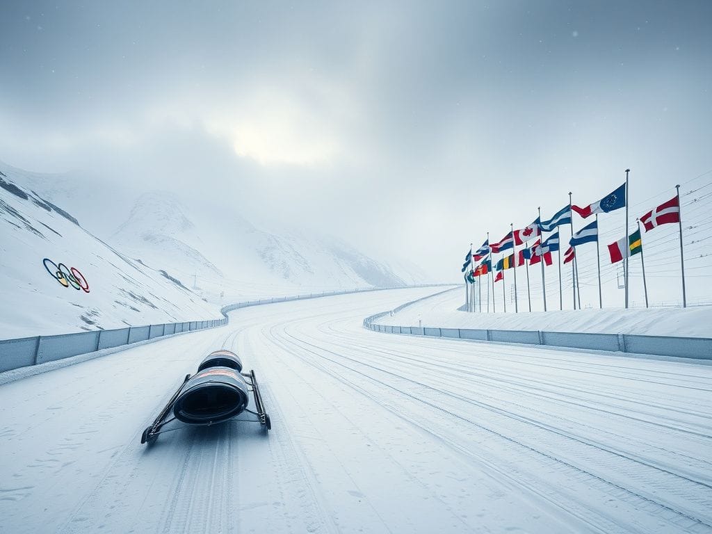 Flick International Abandoned skeleton sleds on a snow-covered track in a winter landscape
