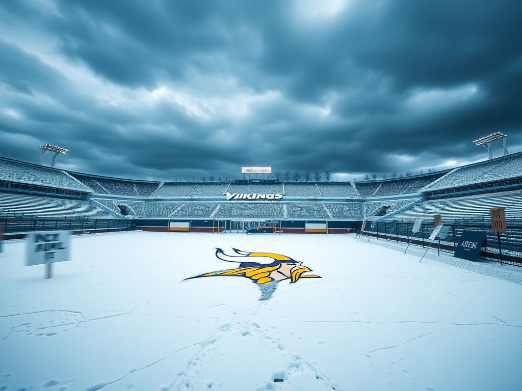 Flick International A winter landscape of a Minnesota Vikings stadium covered in snow, with protest signs in the foreground