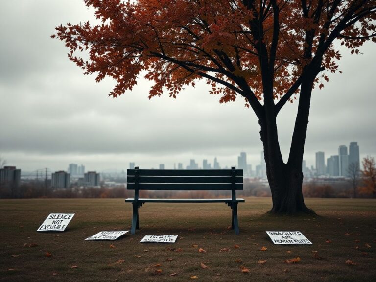 Flick International Open city park under a grey sky with an empty bench and protest signs on the ground