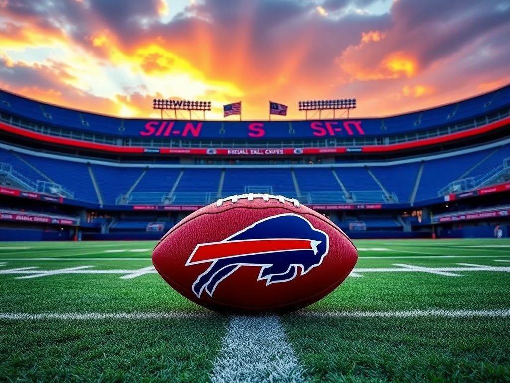 Flick International A vibrant Buffalo Bills football stadium during sunset with a stylized football in the foreground