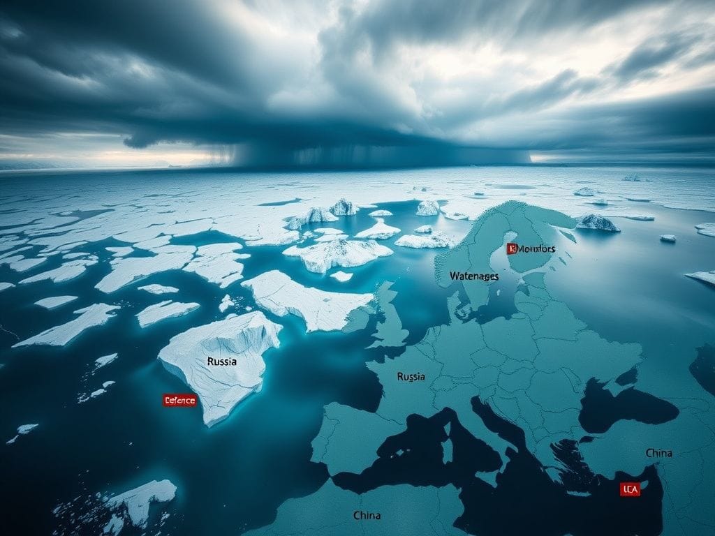 Flick International Aerial view of Greenland's icy landscape with broken icebergs and stormy clouds