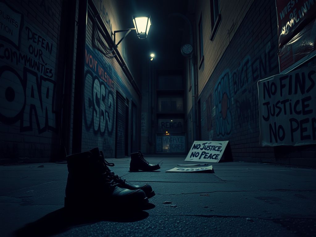 Flick International Dimly lit urban alley at night with graffiti and abandoned protest signs