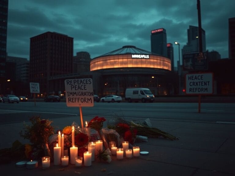 Flick International Somber cityscape of Minneapolis at dusk with illuminated basketball arena and makeshift memorial
