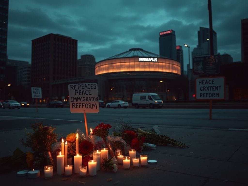 Flick International Somber cityscape of Minneapolis at dusk with illuminated basketball arena and makeshift memorial