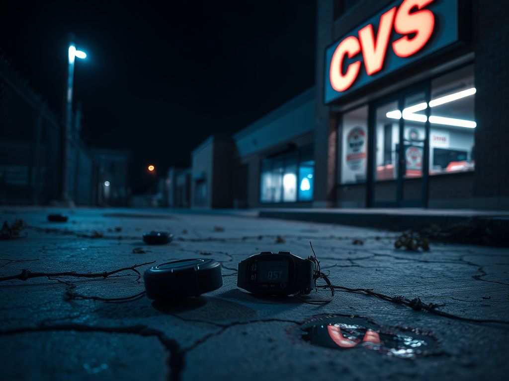 Flick International A dimly lit urban alley at night featuring a discarded GPS ankle monitor and a CVS store backdrop