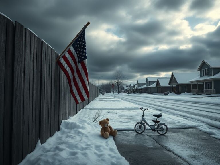 Flick International A frozen Minnesota landscape symbolizing isolation during winter, featuring a limp American flag.
