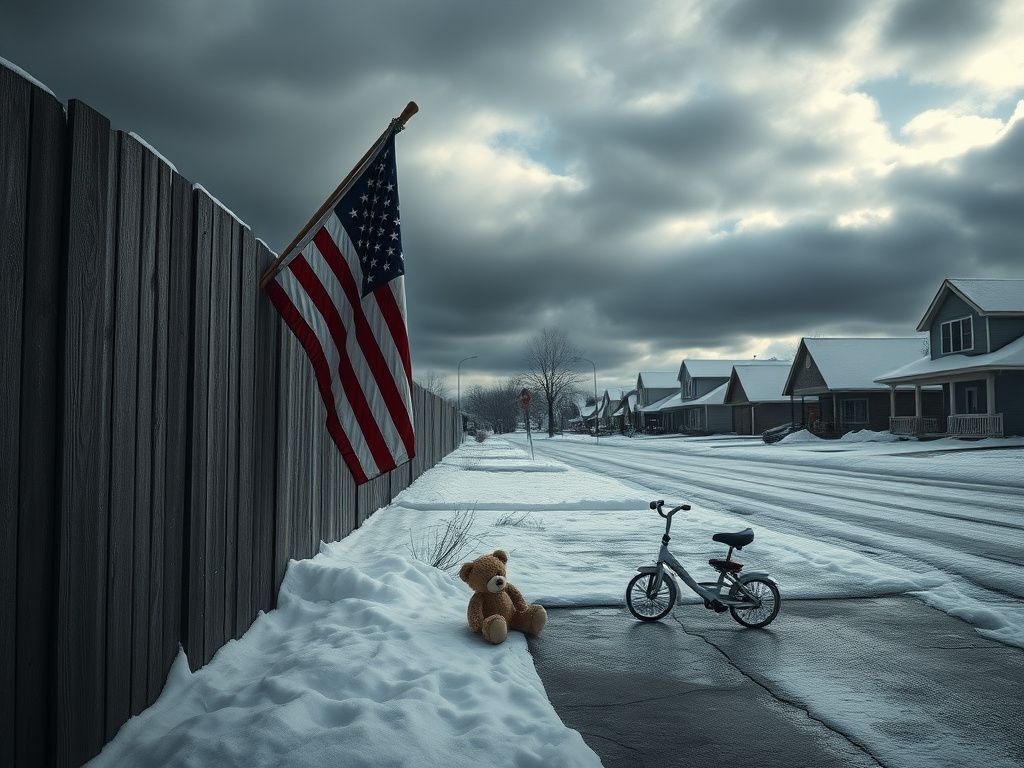 Flick International A frozen Minnesota landscape symbolizing isolation during winter, featuring a limp American flag.