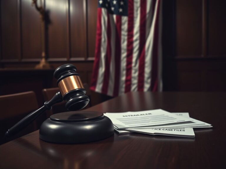 Flick International A somber courtroom scene with a judge's gavel on a wooden bench surrounded by legal documents and an open folder labeled 'ICE Case Files'
