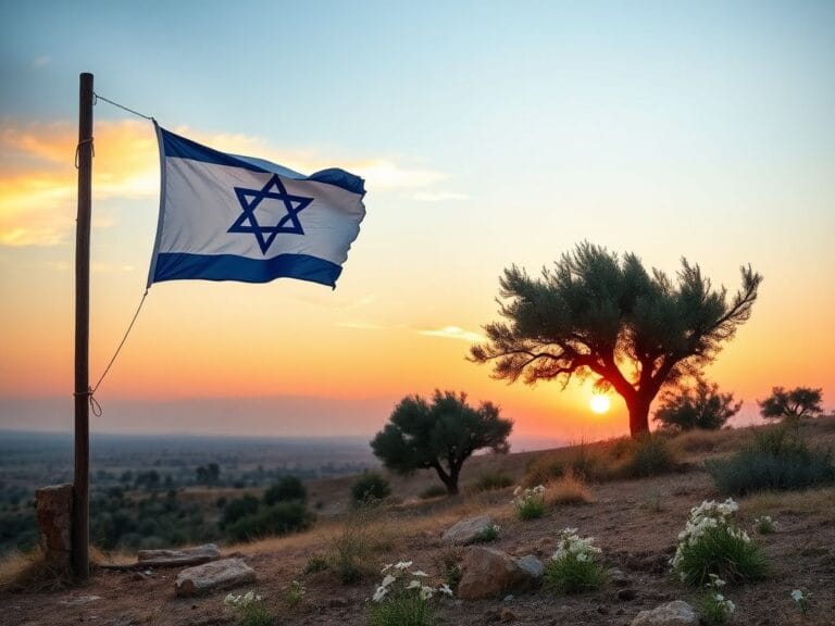 Flick International Dawn breaking over the Middle Eastern horizon with a peaceful Israeli flag