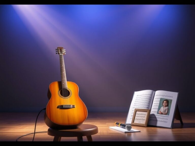 Flick International A polished acoustic guitar and microphone on a wooden stage symbolizing music's healing power
