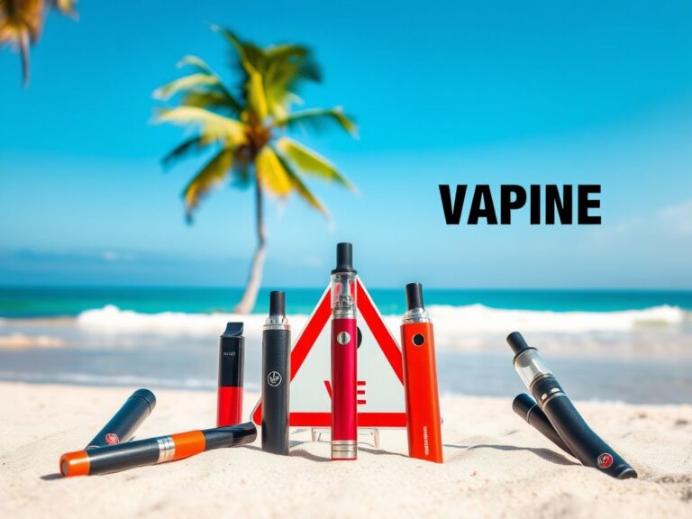 Flick International Tropical beach scene featuring a prominent 'No Vaping' sign amidst palm trees and serene waves