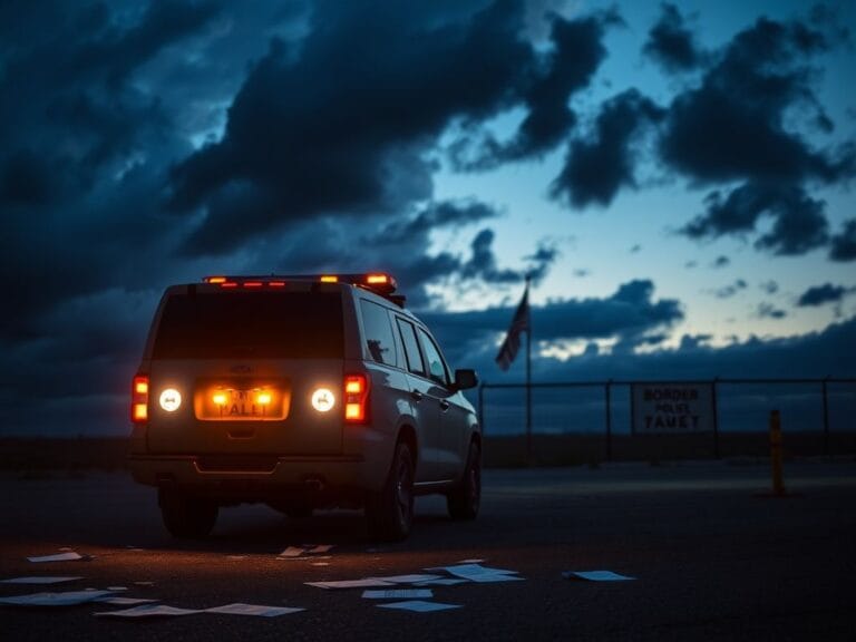 Flick International Dramatic outdoor scene with a border patrol vehicle parked at dusk near a border area