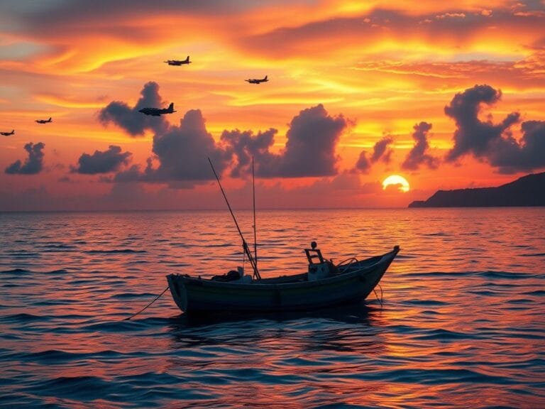 Flick International A tranquil Caribbean Sea scene with a small fishing boat and vivid sunset