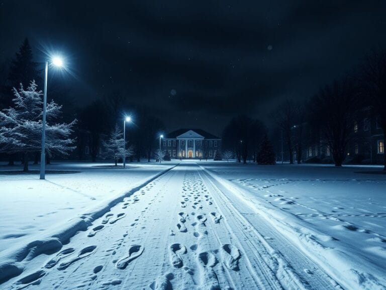 Flick International Snow-covered university campus at night with empty footprints leading from fraternity house