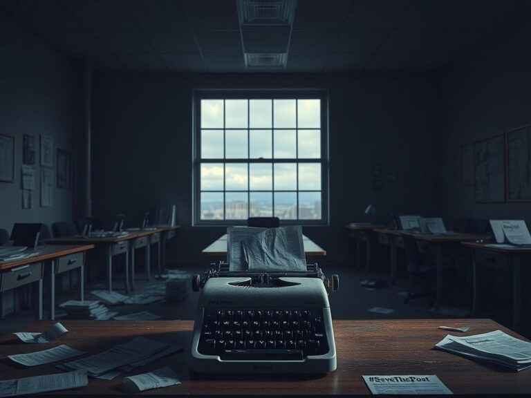 Flick International Dimly lit newsroom filled with empty desks and scattered newspapers, symbolizing abandonment and uncertainty at the Washington Post.