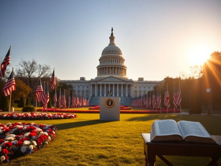 Flick International A serene view of the U.S. Capitol building at dawn with a manicured lawn and presidential podium