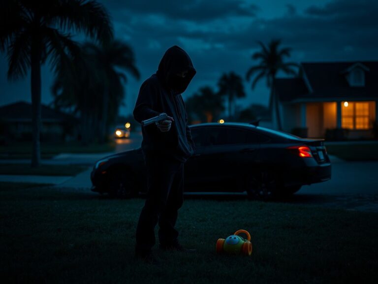 Flick International Shadowy figure in hoodie and ski mask holding handgun beside car in Orange County, Florida