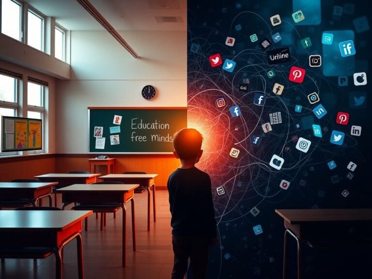 Flick International A split-screen image showing a classroom and a digital landscape, emphasizing the contrast between education and social media chaos.