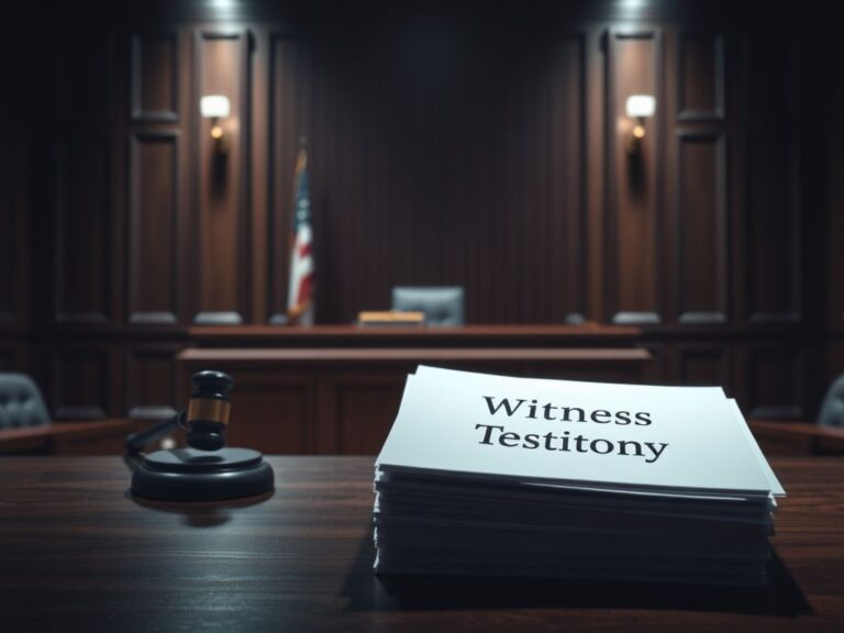 Flick International Dimly lit courtroom scene with empty witness stand and judge's gavel, illustrating the seriousness of the trial