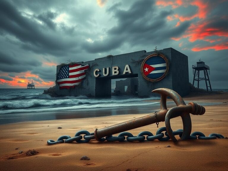 Flick International Abstract representation of the tension between the United States and Cuba with crumbling wall and rusted anchor chain