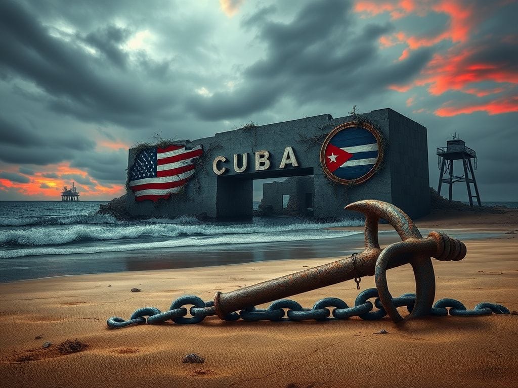 Flick International Abstract representation of the tension between the United States and Cuba with crumbling wall and rusted anchor chain