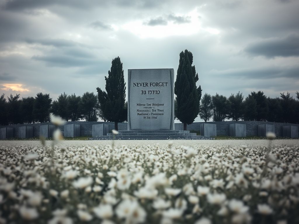 Flick International Vast empty landscape with white flowers symbolizing Holocaust remembrance and loss