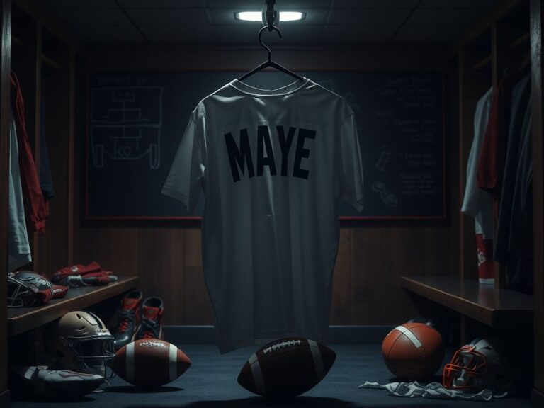 Flick International Pristine white football jersey with 'MAYE' hanging in a locker room, illuminated by an overhead light