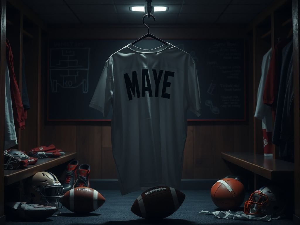 Flick International Pristine white football jersey with 'MAYE' hanging in a locker room, illuminated by an overhead light