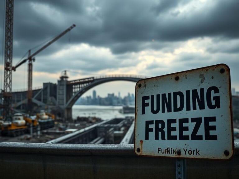 Flick International Construction site of the Gateway Tunnel with a funding freeze sign in the foreground