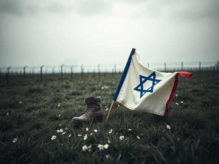 Flick International Solemn landscape of a historic concentration camp with a military boot and faded Israeli flag