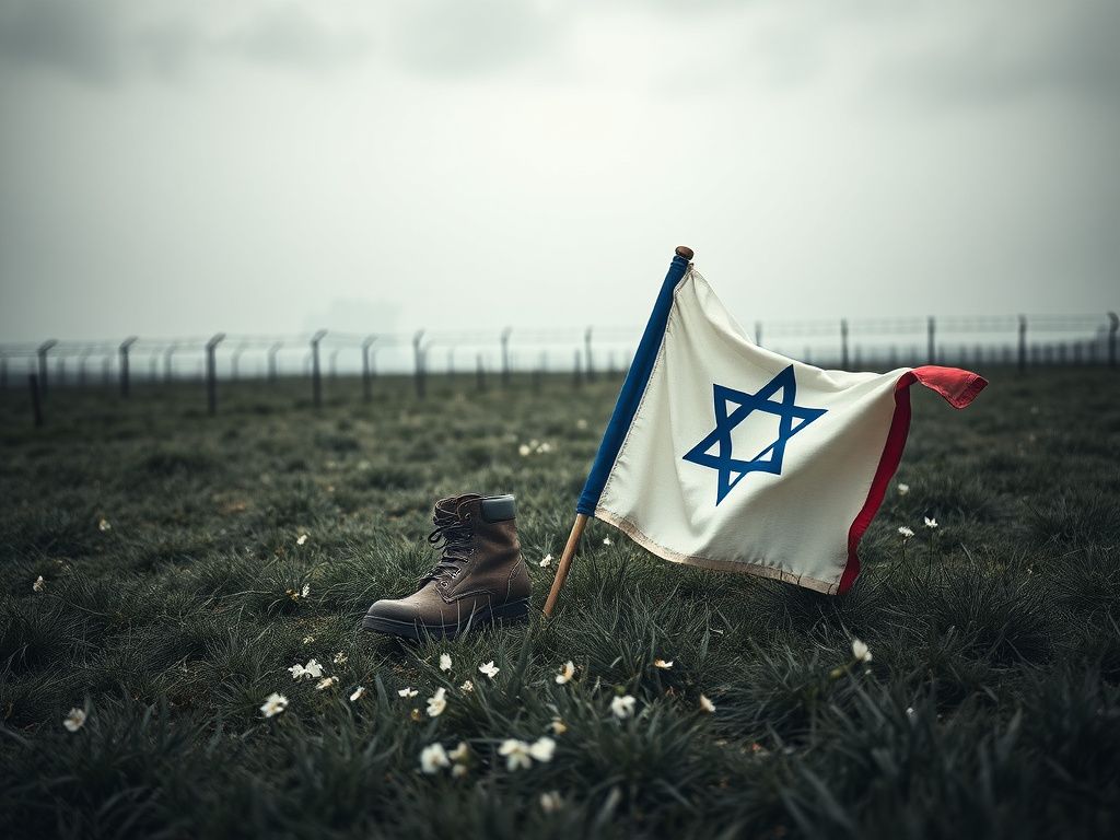 Flick International Solemn landscape of a historic concentration camp with a military boot and faded Israeli flag