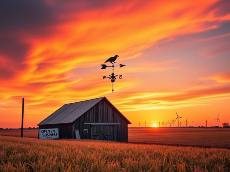 Flick International A sprawling Midwestern landscape at sunset with rolling cornfields, a rustic barn, and wind turbines