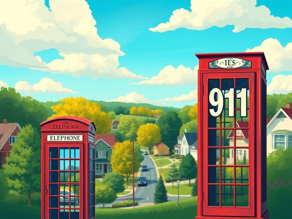 Flick International Abstract representation of a suburban landscape in Arlington, featuring homes and a vintage telephone booth with '911' highlighted.