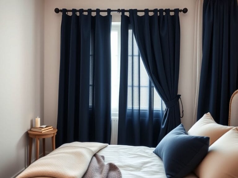 Flick International Cozy bedroom featuring rich navy blue velvet blackout curtains with soft light seeping through