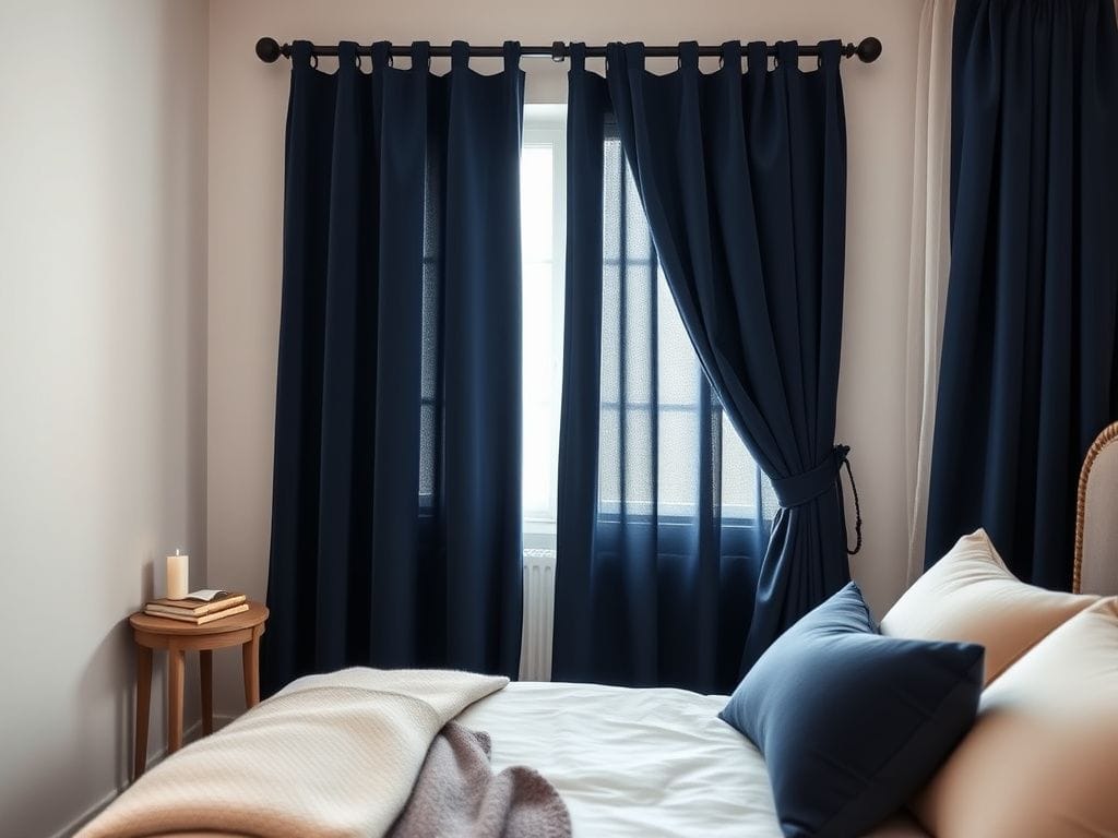 Flick International Cozy bedroom featuring rich navy blue velvet blackout curtains with soft light seeping through