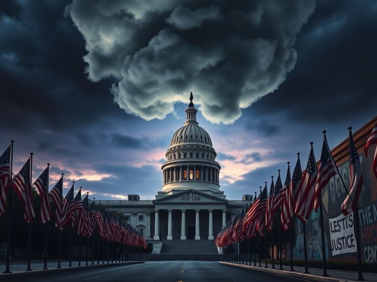 Flick International Ominous government building under a dramatic sky representing political tension