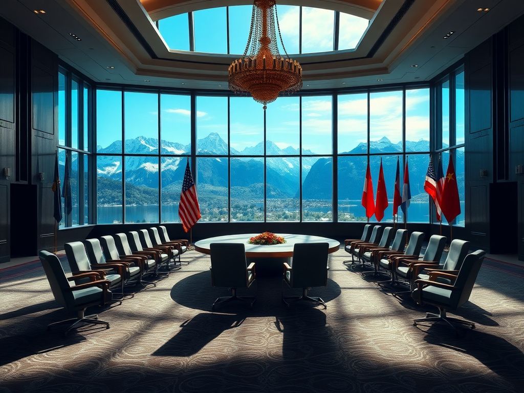 Flick International Grand diplomatic meeting room with ornate table and empty chairs symbolizing international diplomacy