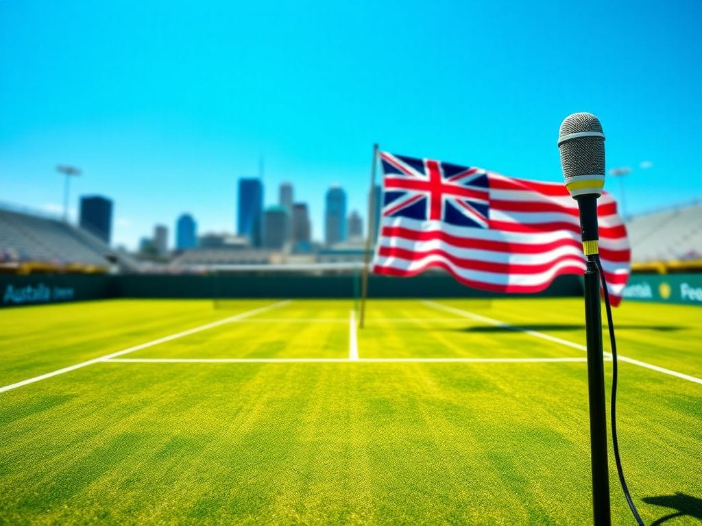 Flick International A vast tennis court with a green grass surface and a blurred Melbourne skyline in the background.