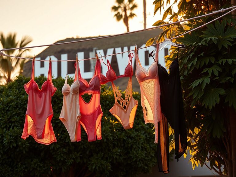 Flick International Luxurious lingerie displayed on a clothesline over a vintage Hollywood sign surrounded by foliage