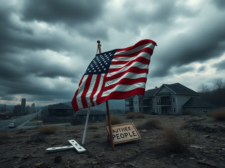 Flick International A crumbling American flag symbolizing a nation in distress amid divided landscapes.