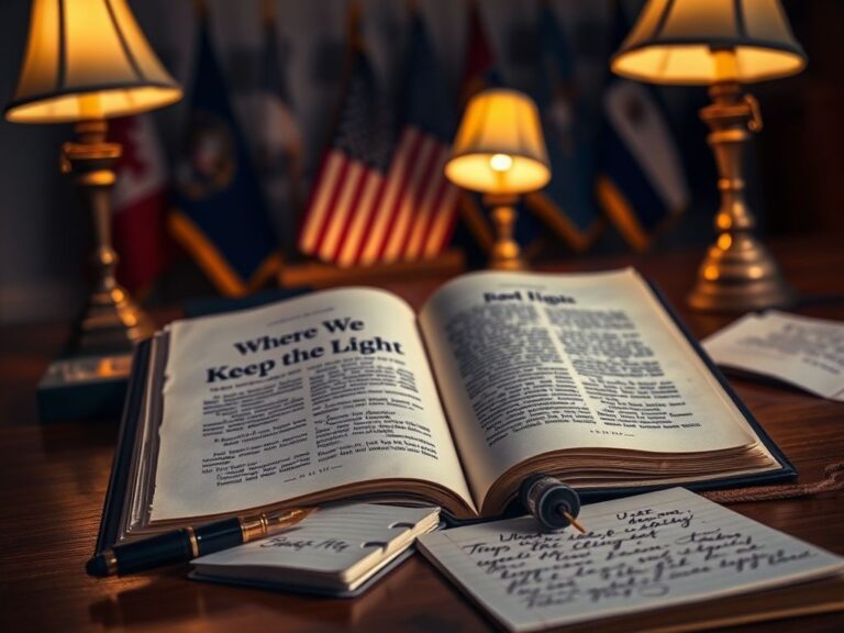 Flick International Close-up view of an open book titled 'Where We Keep the Light' on a wooden desk beside an ink pen and notepad