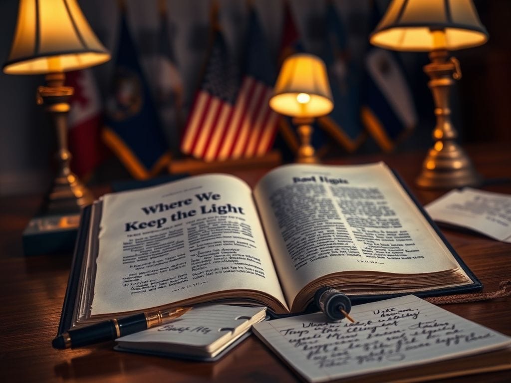 Flick International Close-up view of an open book titled 'Where We Keep the Light' on a wooden desk beside an ink pen and notepad