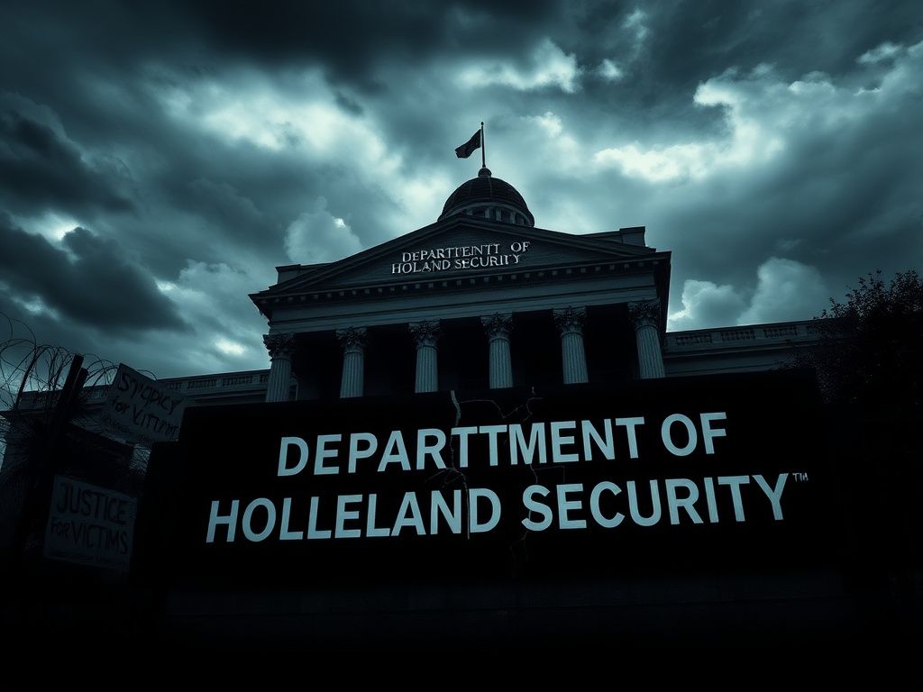 Flick International Somber exterior of a Department of Homeland Security building with stormy clouds overhead